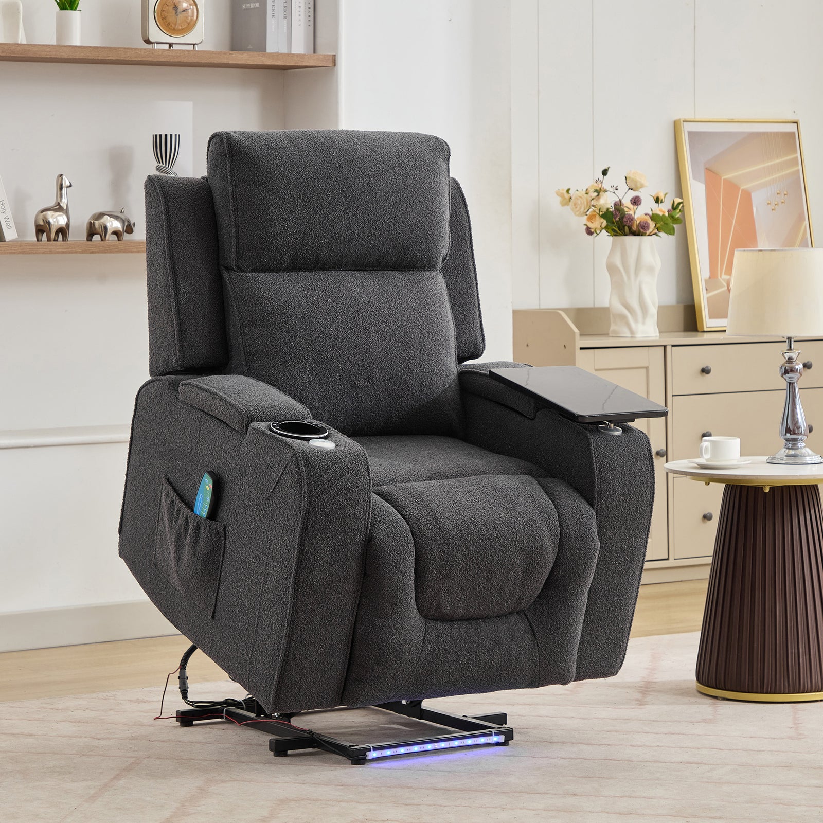 Cowley Electric Riser Recliner Chair With Massage And Heat, Drink Cooler, Table | Dark Grey