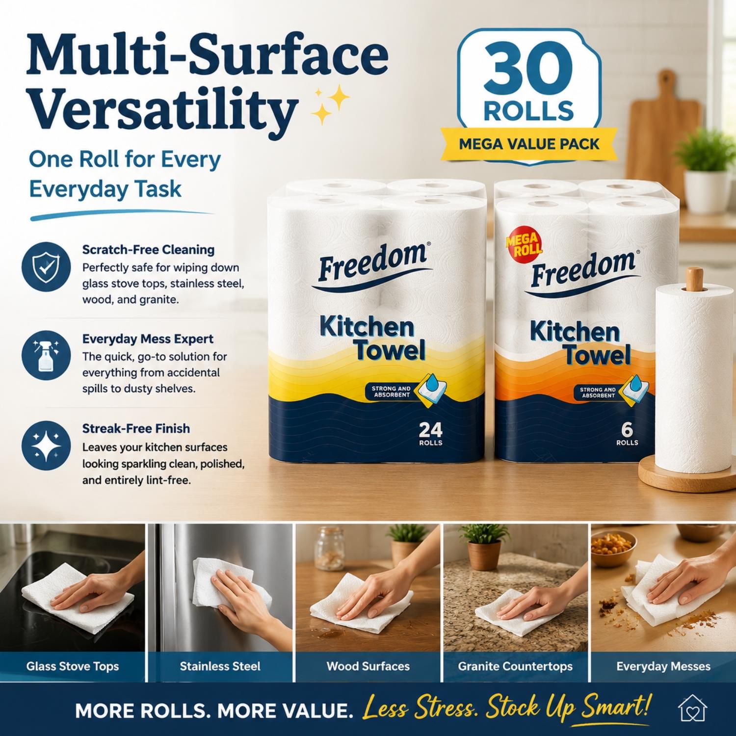 Freedom Soft White 3-ply 90 Rolls + Rhino Jumbo Kitchen Towels 24 Rolls