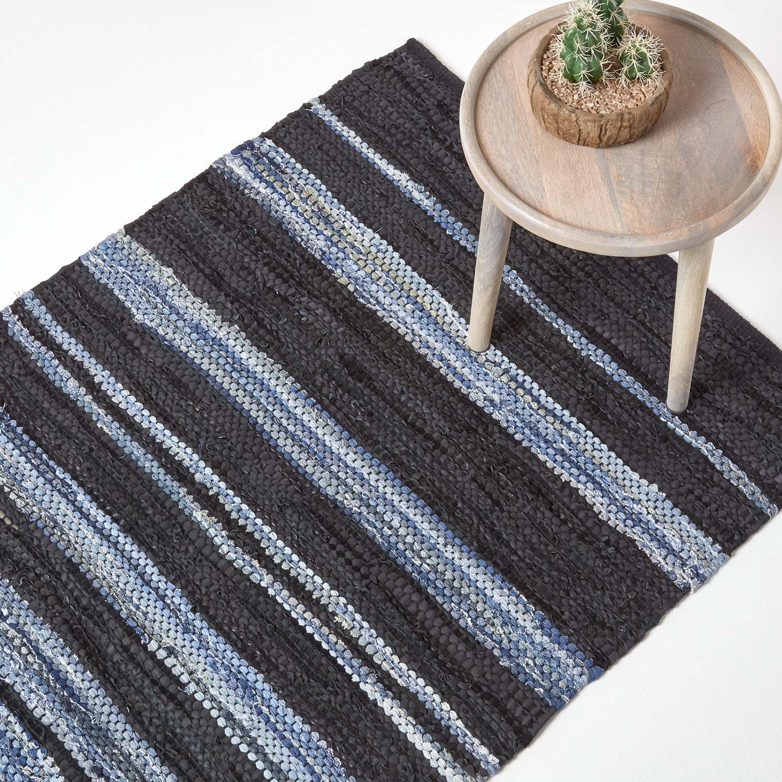 Texas Leather & Denim Woven Striped Blue Rug | 150cm x 220cm | Blue
