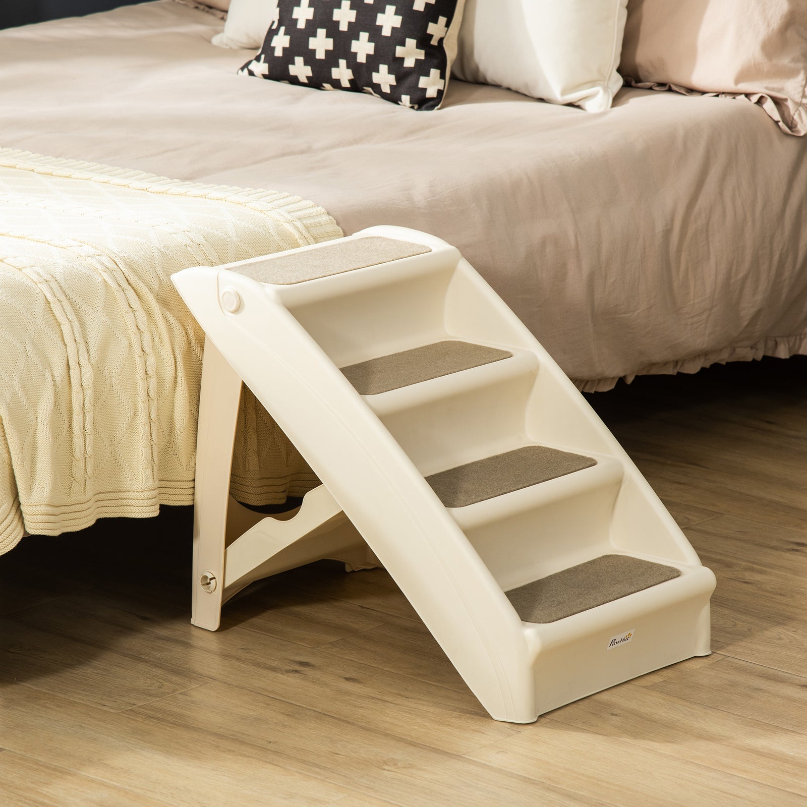 Four-step Foldable Pet Stairs W/ Non-slip Mats, For S, Xs Dogs | Beige