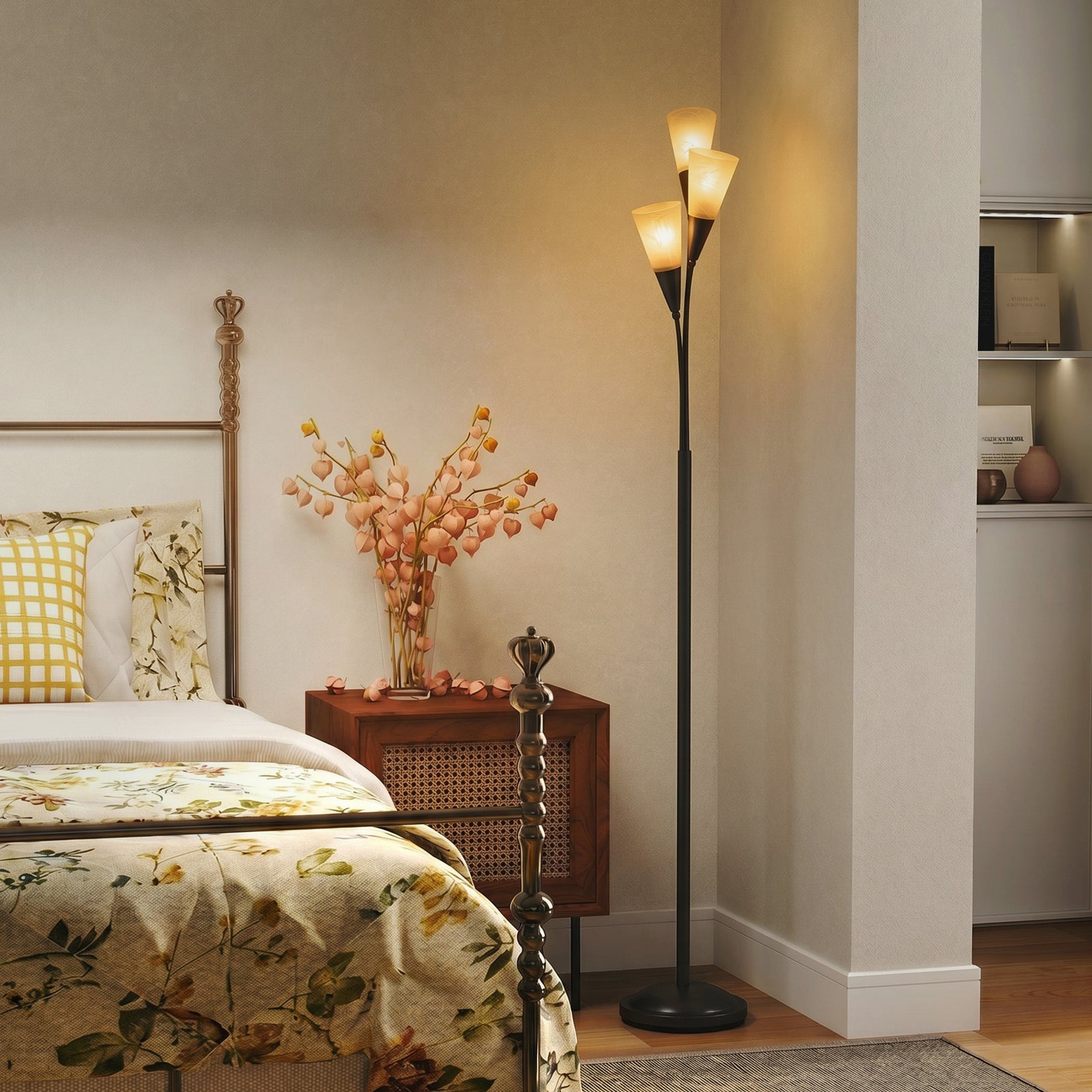 HOMCOM Modern Upright Floor Lamp With 3 Light, Steel Base For Living Room