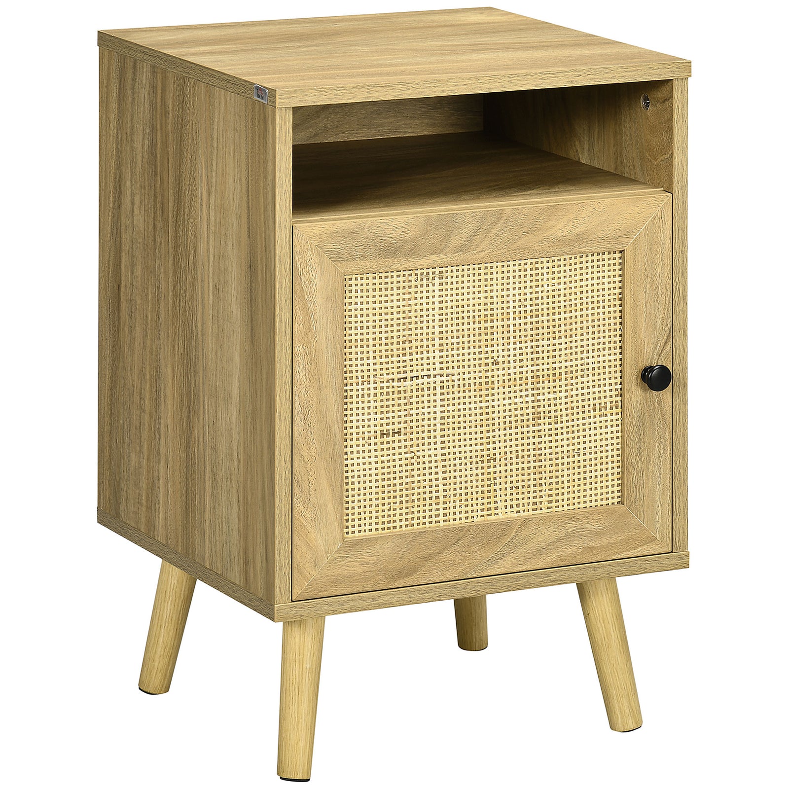 Nightstand, Rattan Bedside Table W/ Cabinet, Shelf
