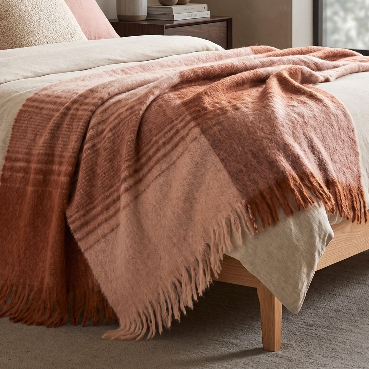 Pure Handmade Halo Gradient Wool Blend Bed & Sofa Throw Blanket, Rust