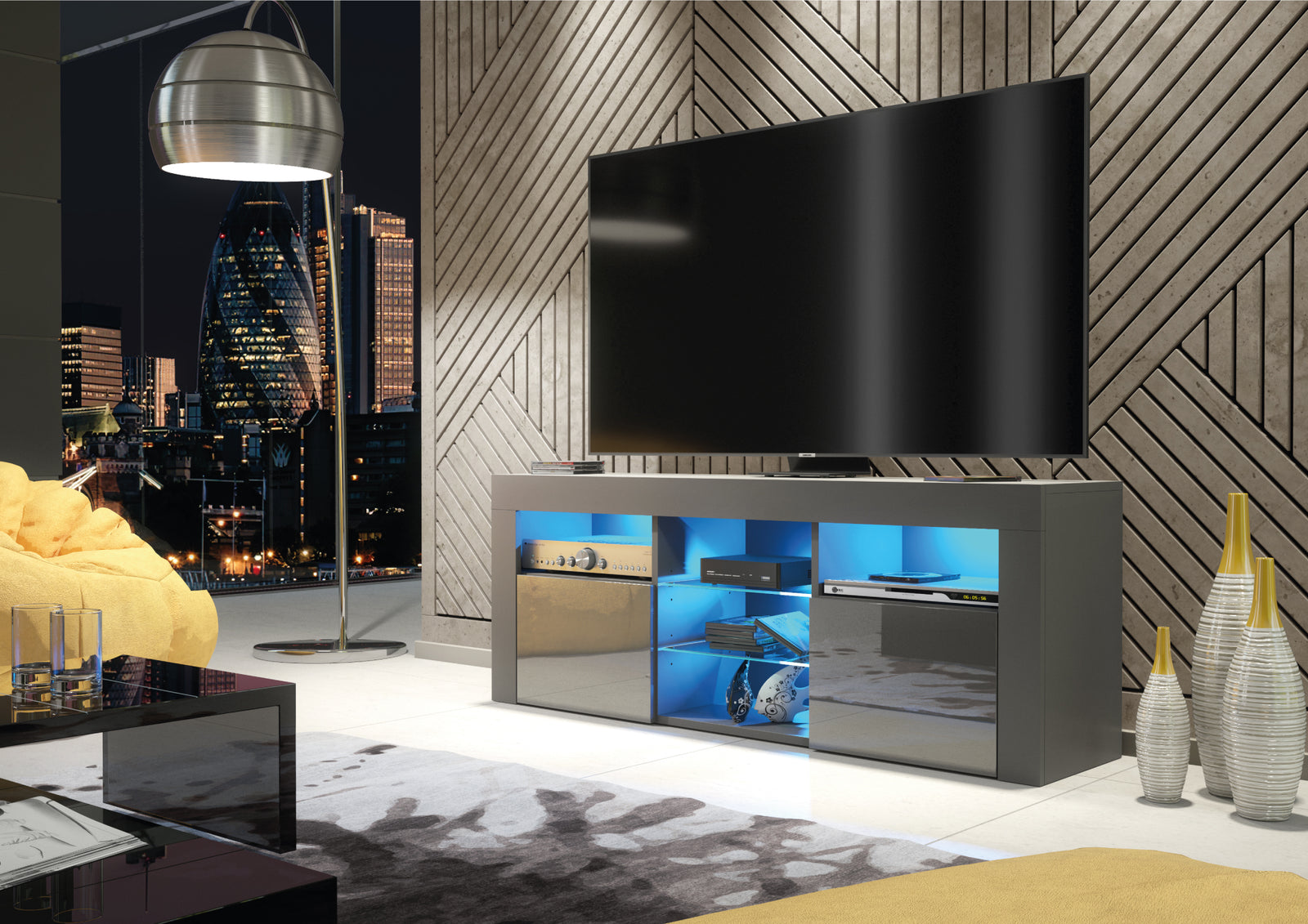 Pulse Tv Unit 145cm With Led Lights | Dark Grey