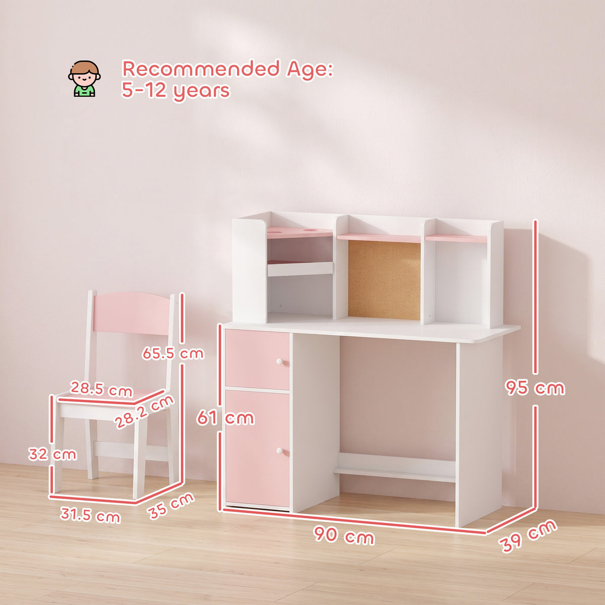 AIYAPLAY Kids Desk And Chair Set W/ Cabinets For Ages 5-12 Years, Pink