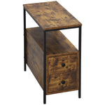 Slim Side Table End Table With 2 Drawers & Storage Shelf | Brown
