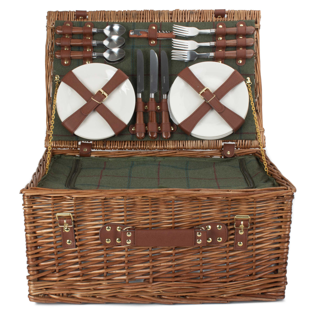 Green Tweed Classic Picnic Wicker Basket | 6 Person | Green