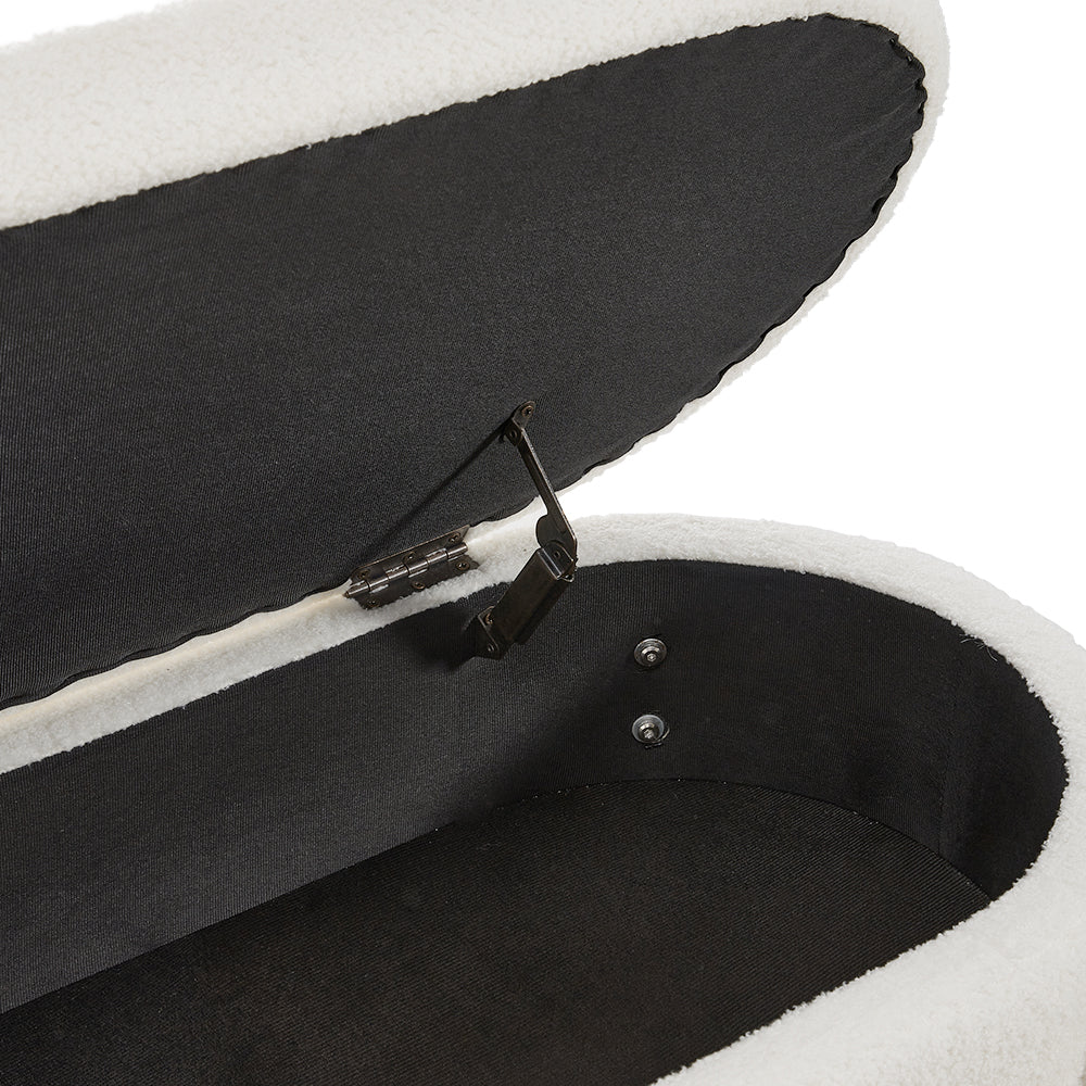 110cmW Oval Upholstered Storage Bench – White Teddy Fleece Flip-Top Ottoman Seat with Wooden Frame, Modern Nordic Style