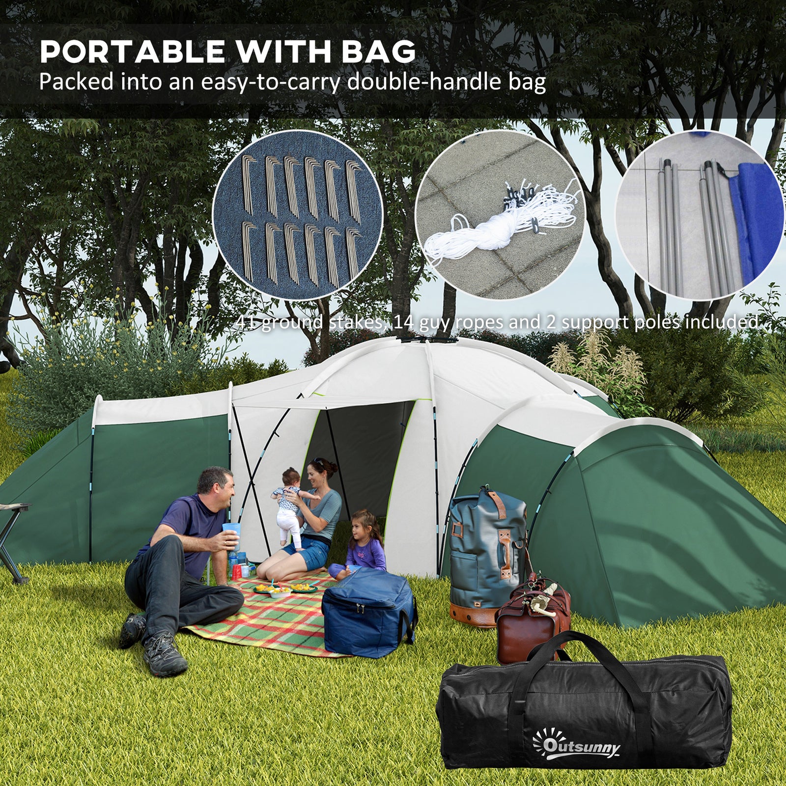 Large Camping Tent With Bedroom, Living Area, Porch For 6-9