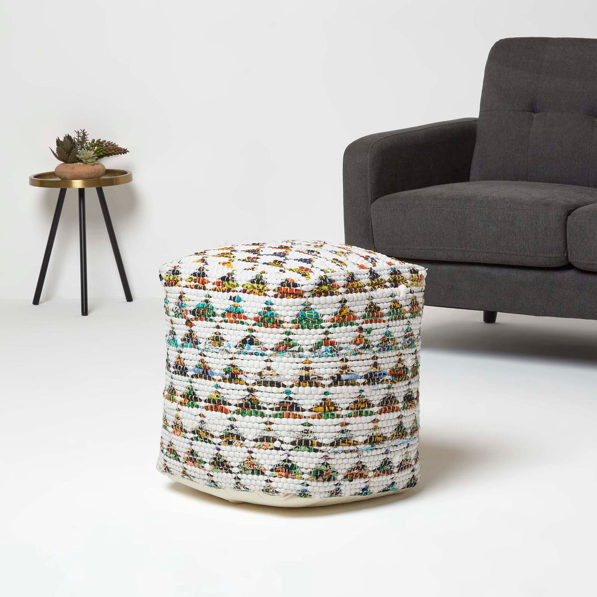 HOMESCAPES Cream Chindi Design Small Square Beanbag Style Footstool