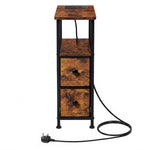 Bedside Table Narrow Side Table With Led Charging Station Storage Brown | Brown