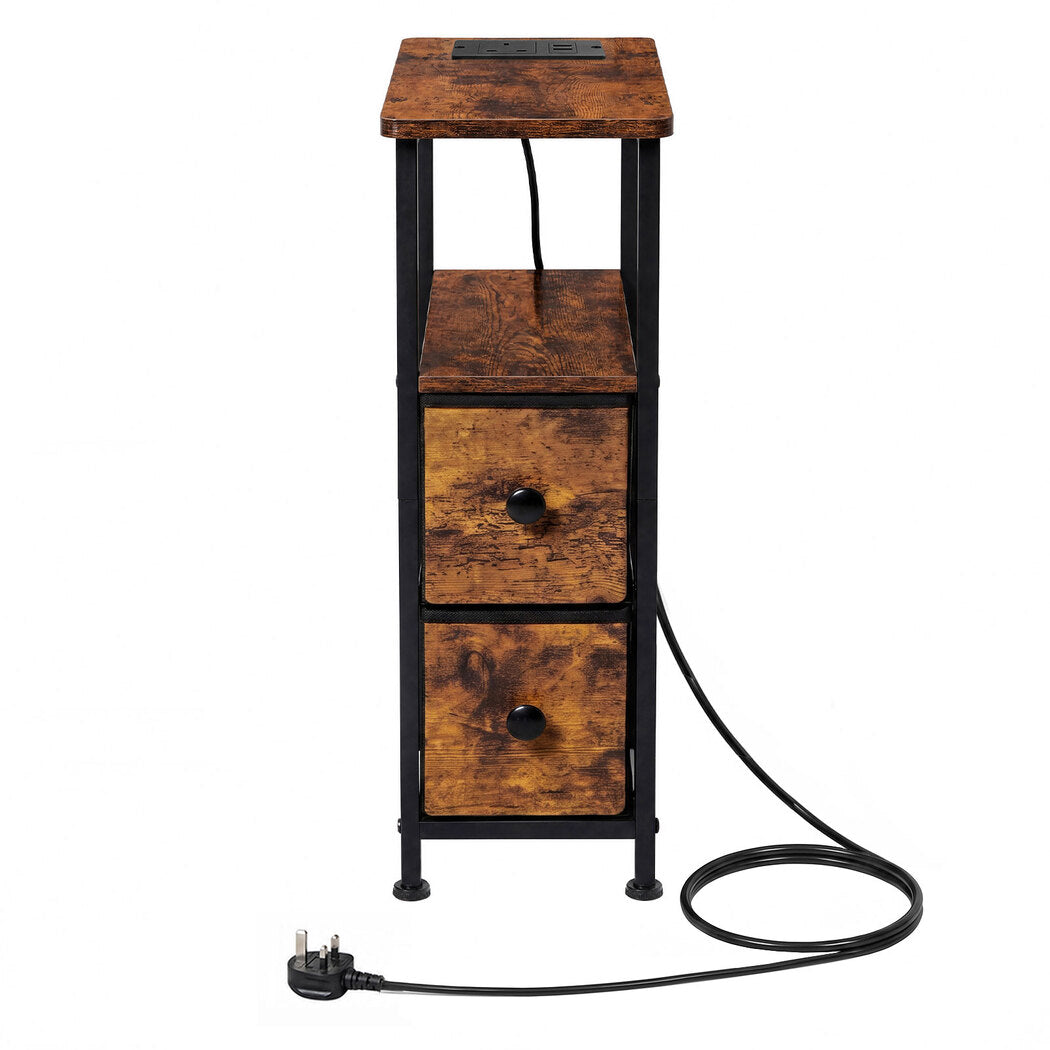 Bedside Table Narrow Side Table With Led Charging Station Storage Brown | Brown