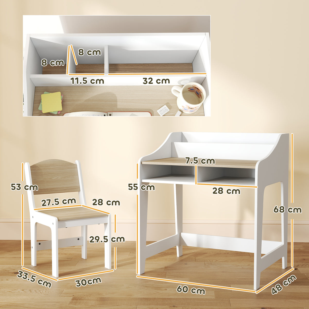 AIYAPLAY Kids Desk And Chair Set, Children Study Table With Storage, Natural