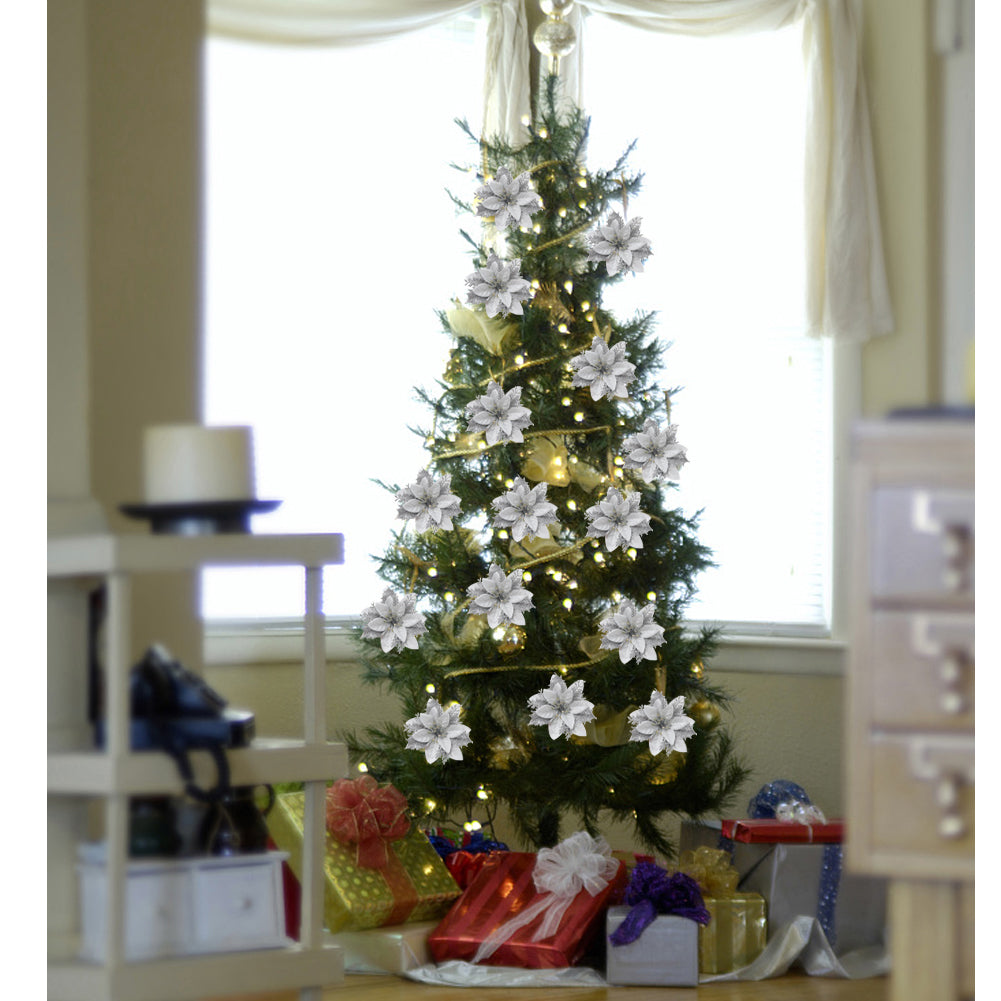 24 Pieces Artificial Christmas Tree Flowers Xmas Festive Poinsettia Flowers Ornament Set | Silver