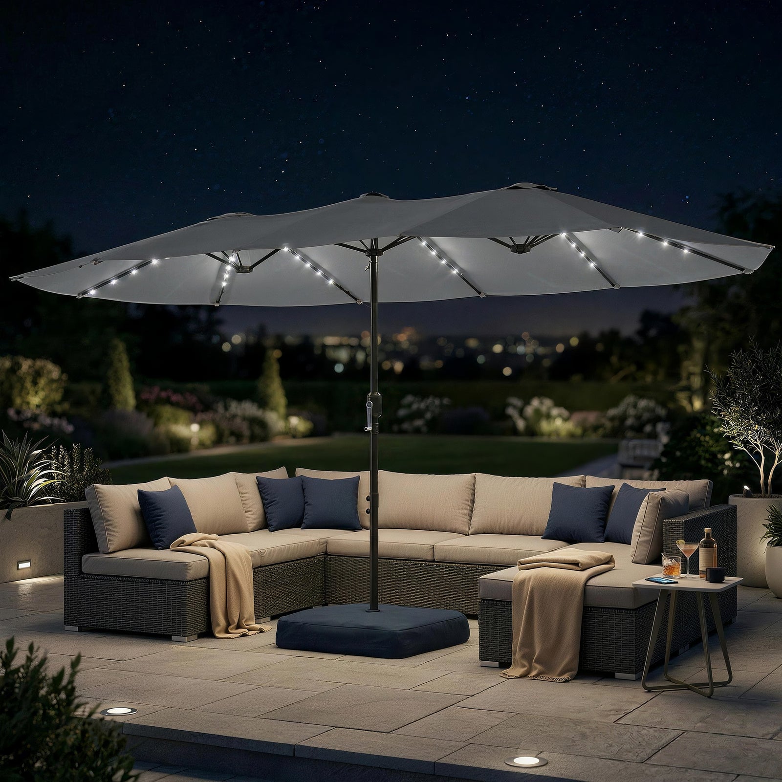 Double Sided Garden Parasol W/ 60 Solar Led Lights 4.5m | Grey