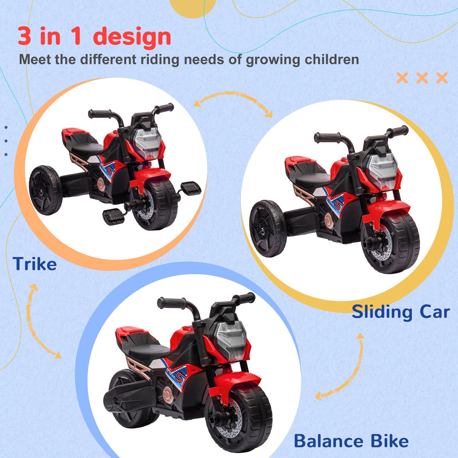 3 In 1 Baby Trike With Headlights, Music, Horn | Red