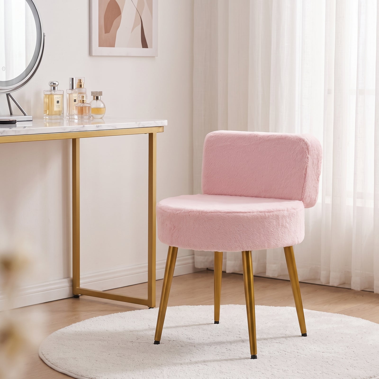 Upholstered Dressing Table Stool With Adjustable Feet | Pink