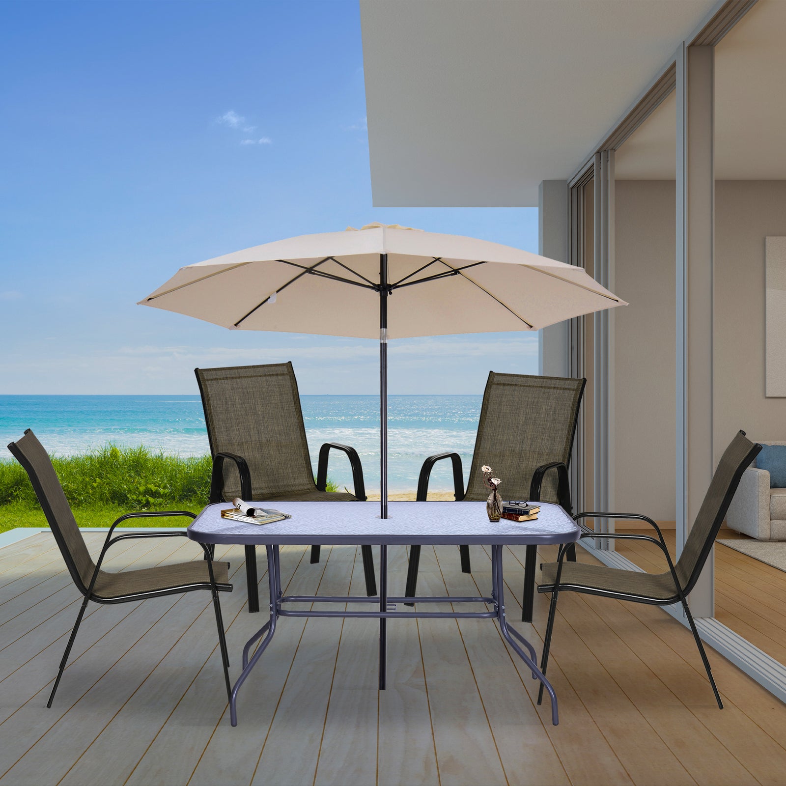 Set Of 4 Garden Dining Chair Set Outdoor W/ Back Armrest | Brown