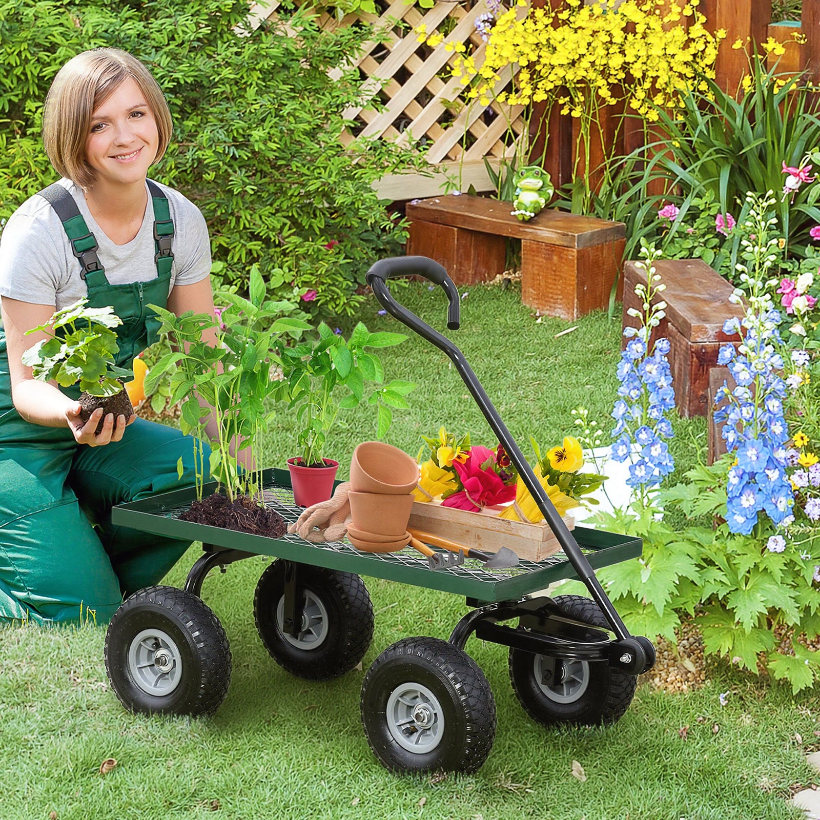 Garden Trolley Cart With Pneumatic Wheels And Rotating Handle | Green