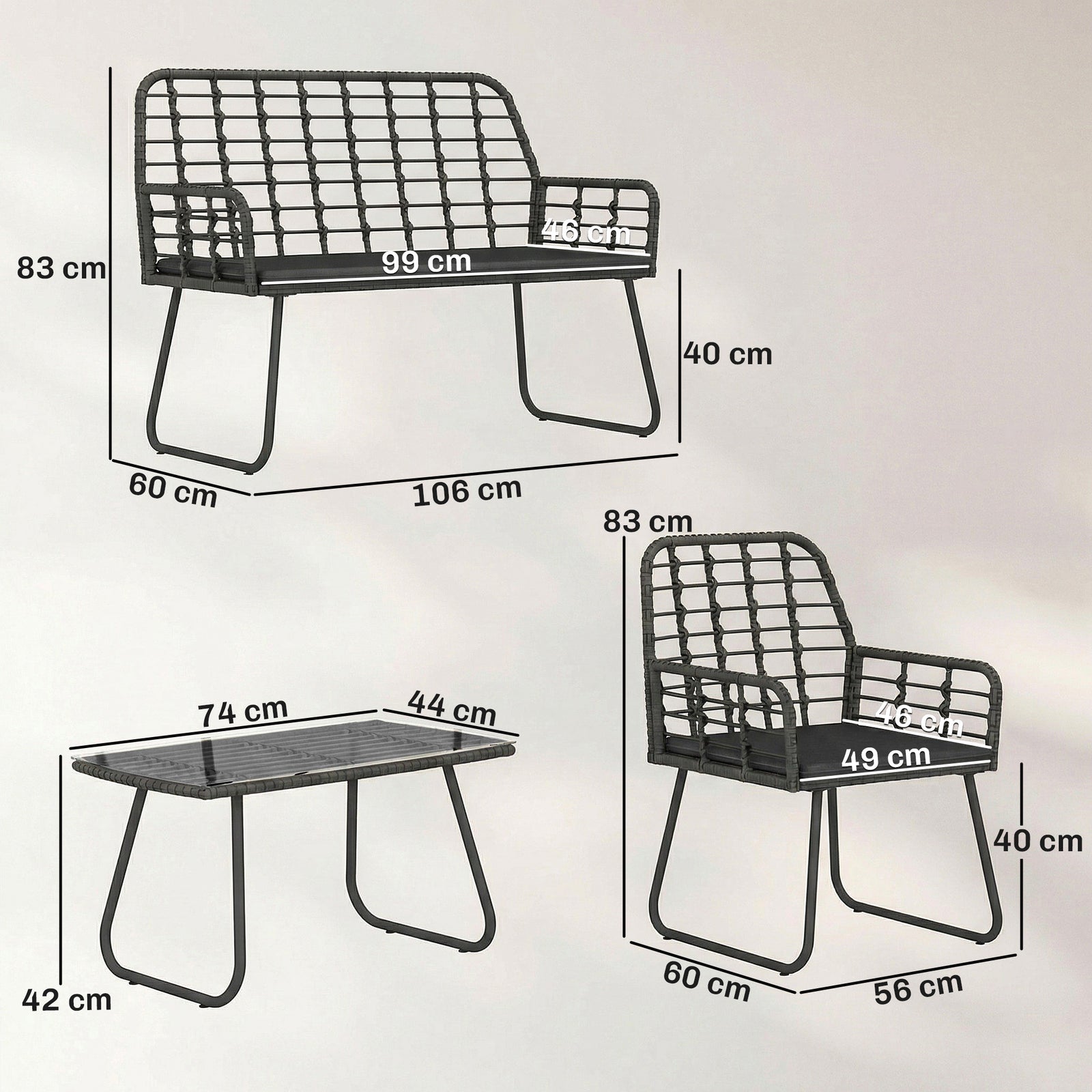 Rattan Garden Furniture Set, 4 Piece Outdoor Patio Furniture | Black