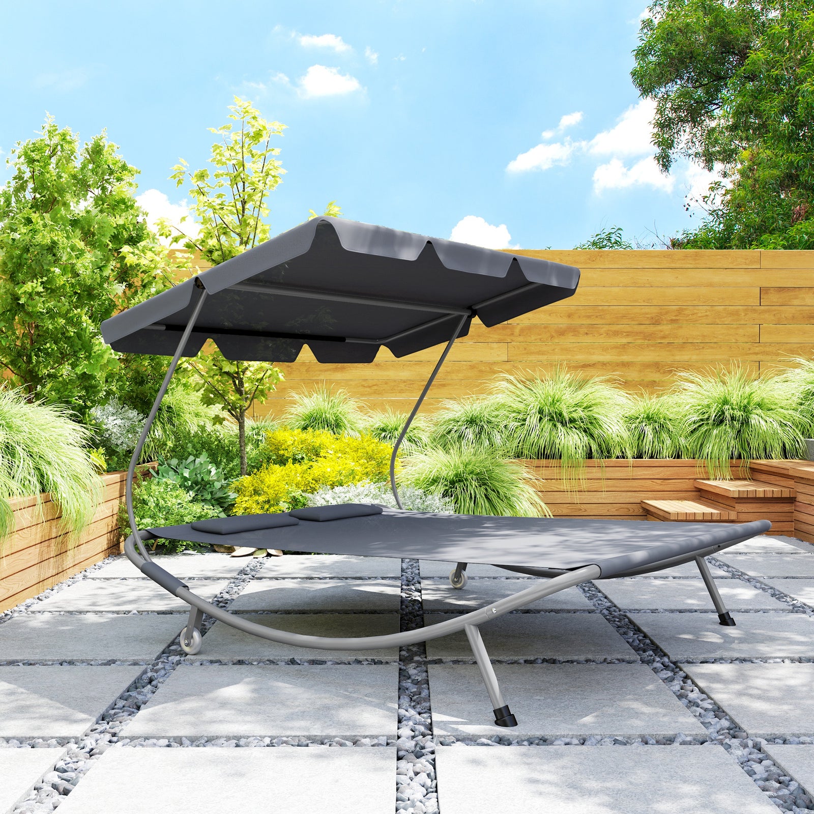 Garden Double Hammock Sun Lounger Day Bed Canopy 2 Pillows