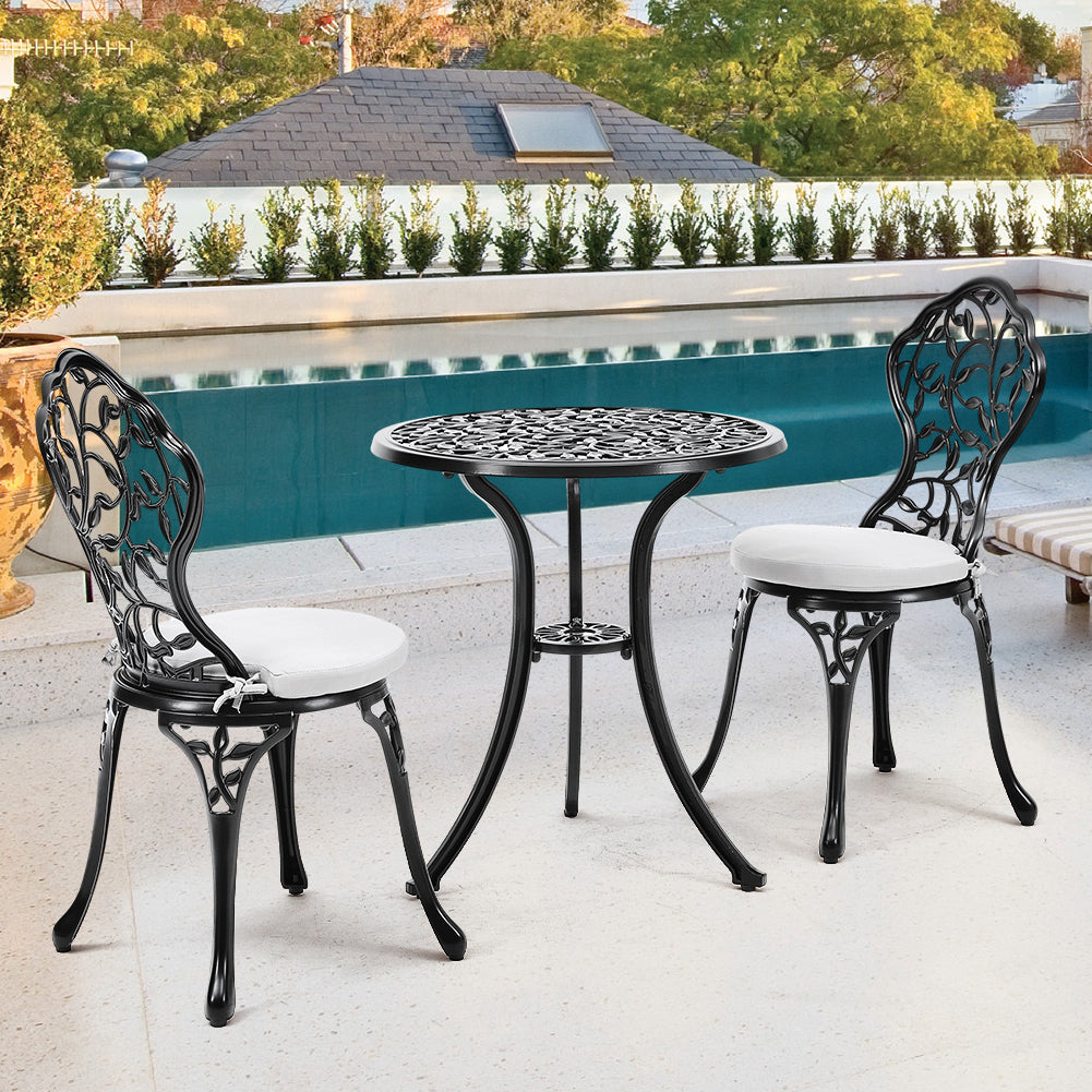 3-Piece Black Cast Iron Outdoor Bistro Set  Weather Resistant Patio Furniture with Round Table & 2 Chairs – Small Balcony or Garden Use | Set-of-3 | Black