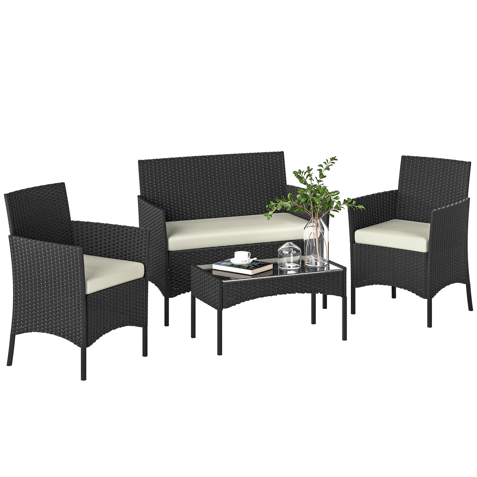 4 Piece Rattan Garden Furniture Sofa Set With Cushions | Cream