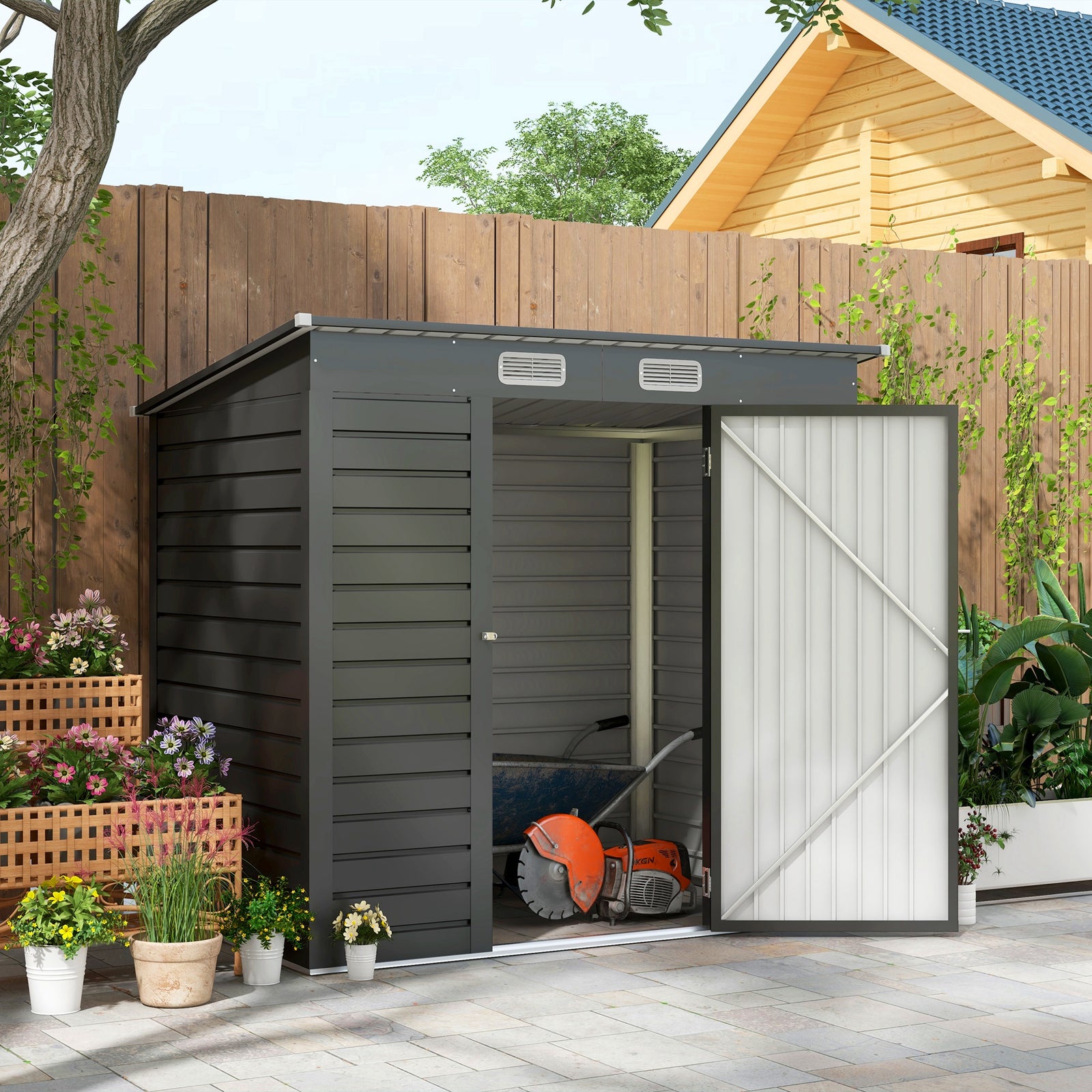 6.3 X 4.3ft Metal Shed With Pent Roof, Lockable Door, Vents