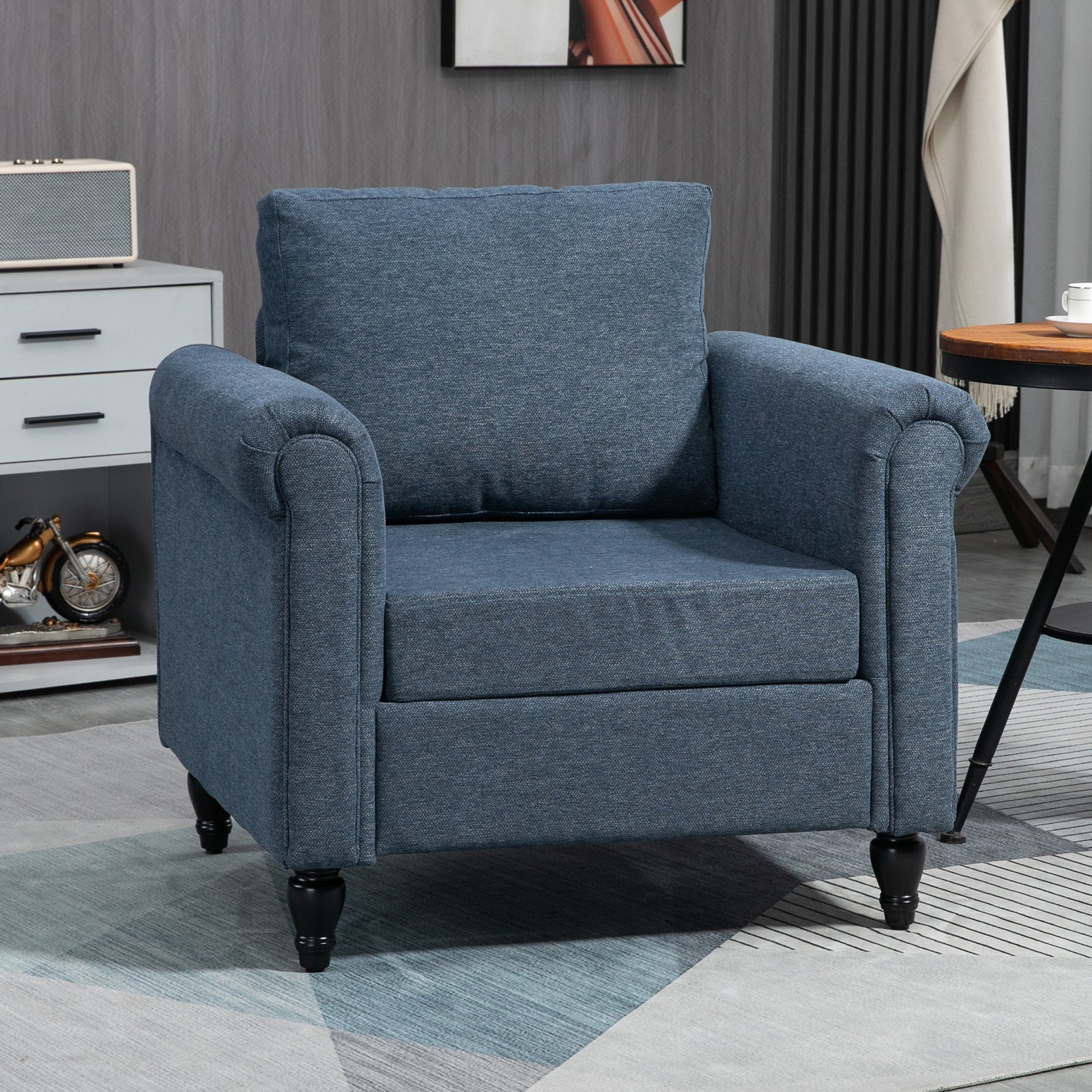 Vintage Armchair Fabric Accent Chair With Wood Legs | One Size | Dark Blue