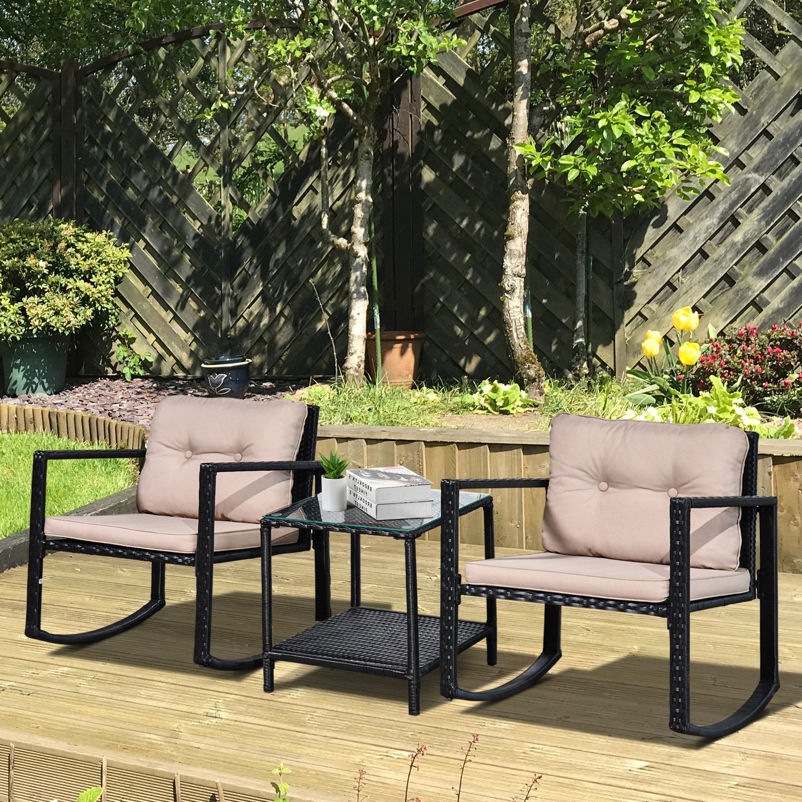 3pcs Rattan Rocking Set, Patio Bistro, Cushioned