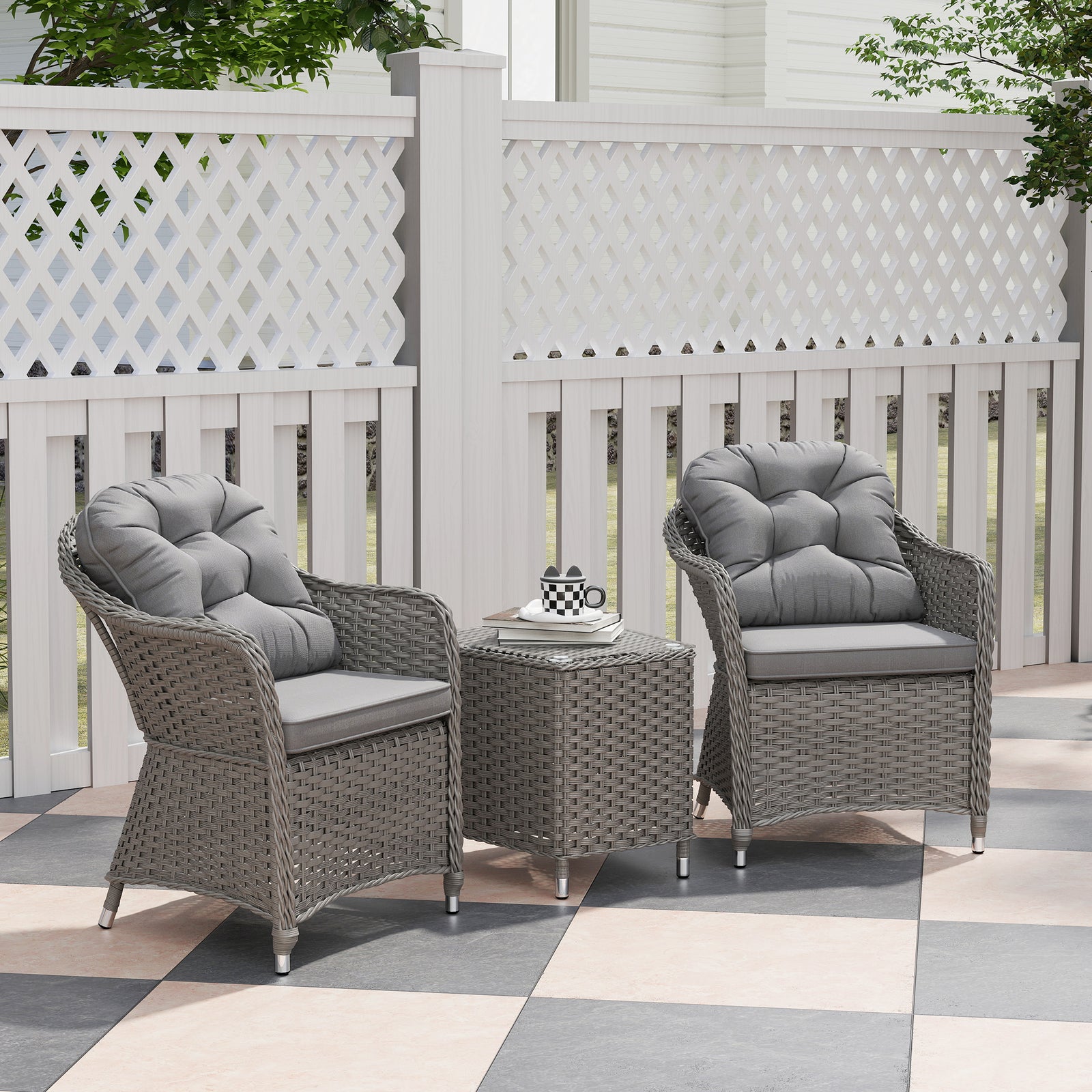 3 Pcs Aluminium Rattan Bistro Set W/ Cushions & Glass Top