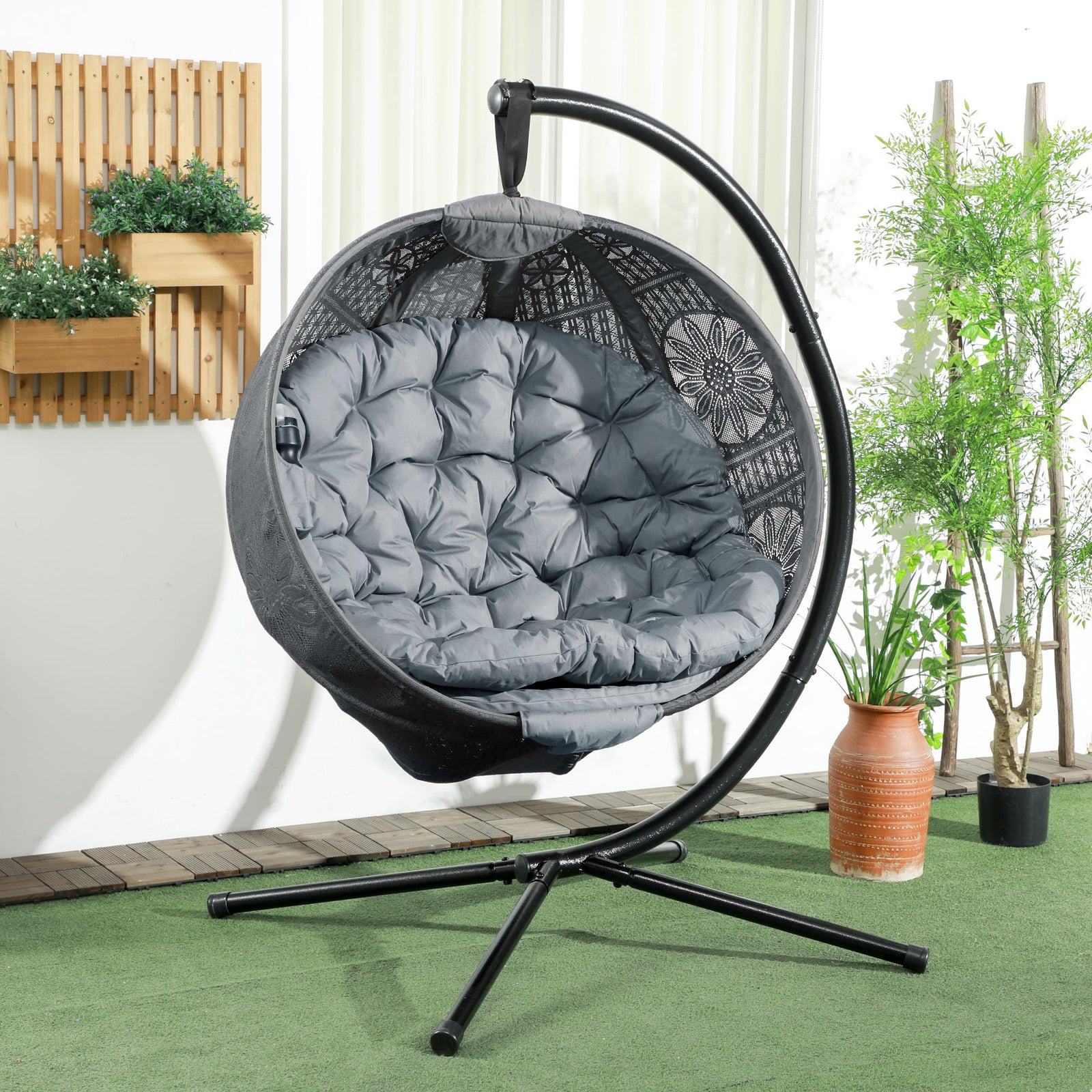 Outsunny Hanging Swing Chair W/ Metal Stand & Side Pocket