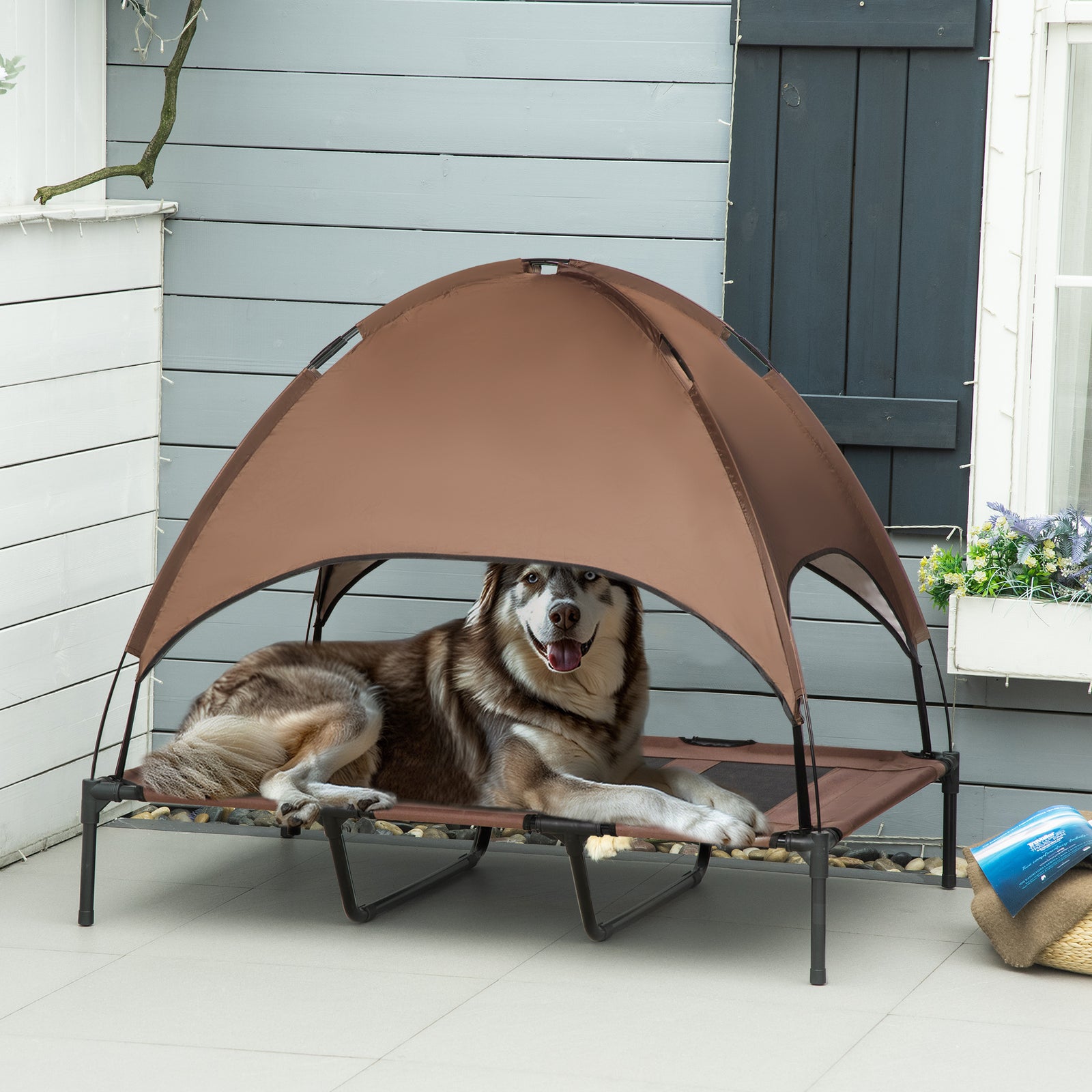 Pawhut 122cm Elevated Dog Bed Cooling Raised Pet Cot Uv Protection Canopy | Brown