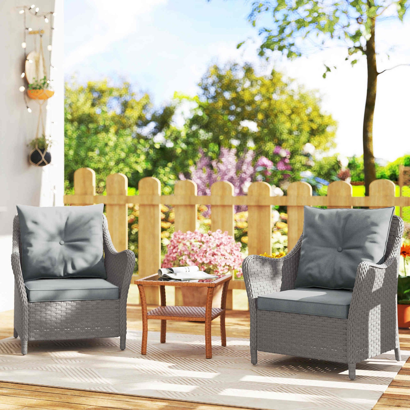 2 Pieces Rattan Garden Chairs, Cushioned Rattan Chairs | Light Grey