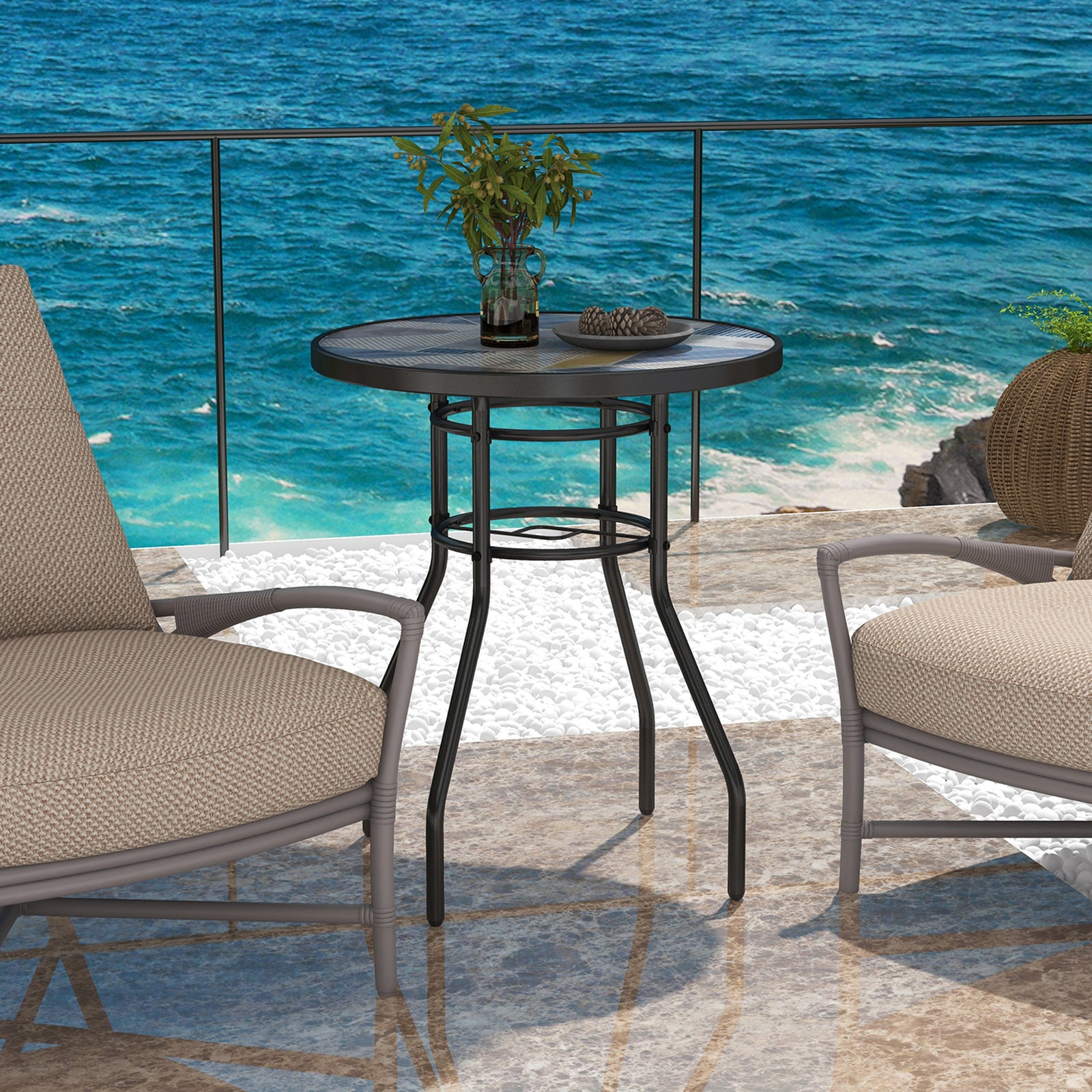 Garden Table W/ Tempered Glass Top, Steel Frame | Multi Colour