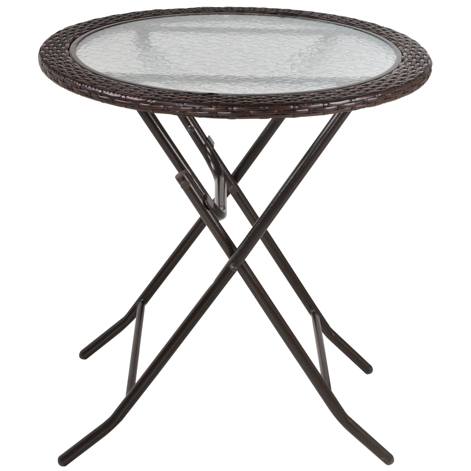 Folding Round Rattan Table W/ Tempered Glass Top