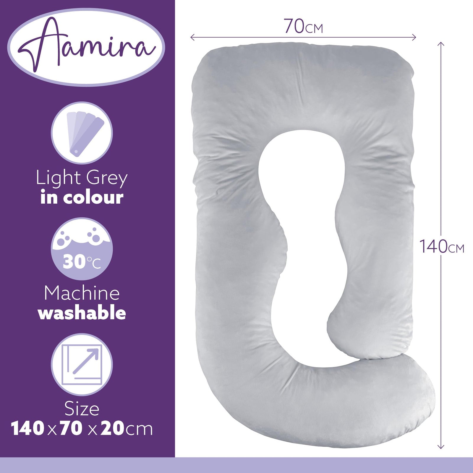 J Shaped Pregnancy Pillow, 140x70x20cm Shredded Memory Foam Full Body Maternity Cushion For Sleeping | J Shape | Light Grey