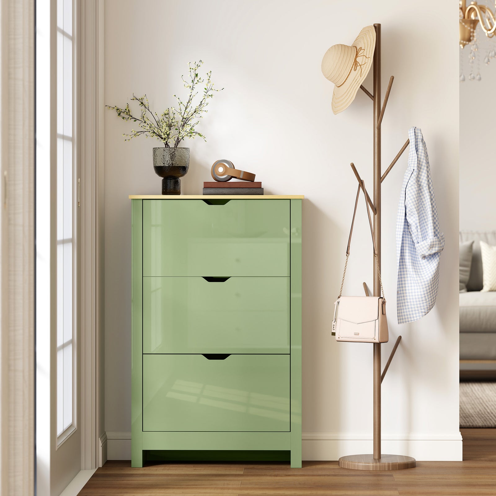 18-shoe Storage Cabinet 6 Shelves 3 Drawers Tabletop High | Green