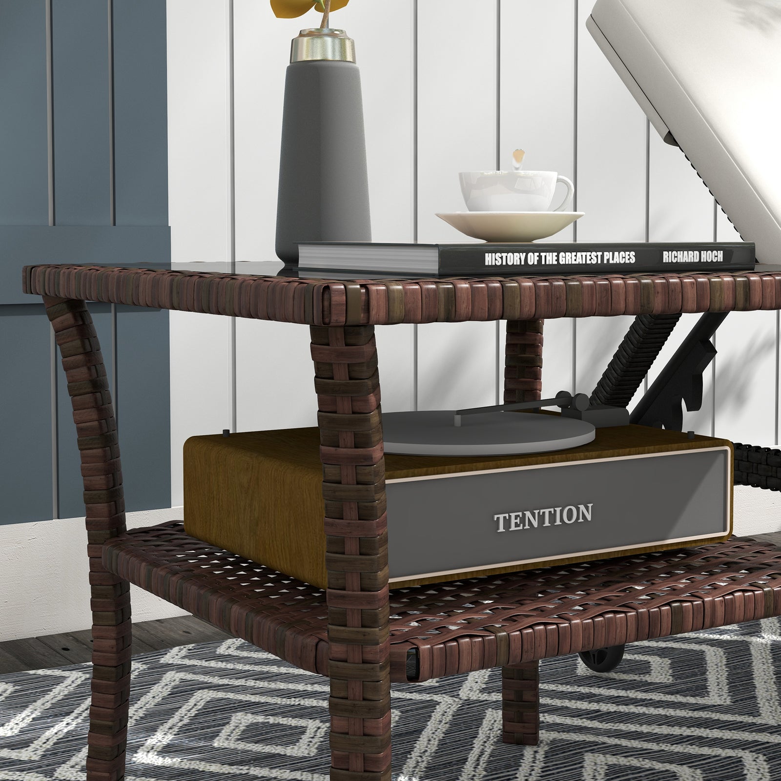 50cm Pe Rattan Coffee Table, Two-tier With Glass Top | Brown