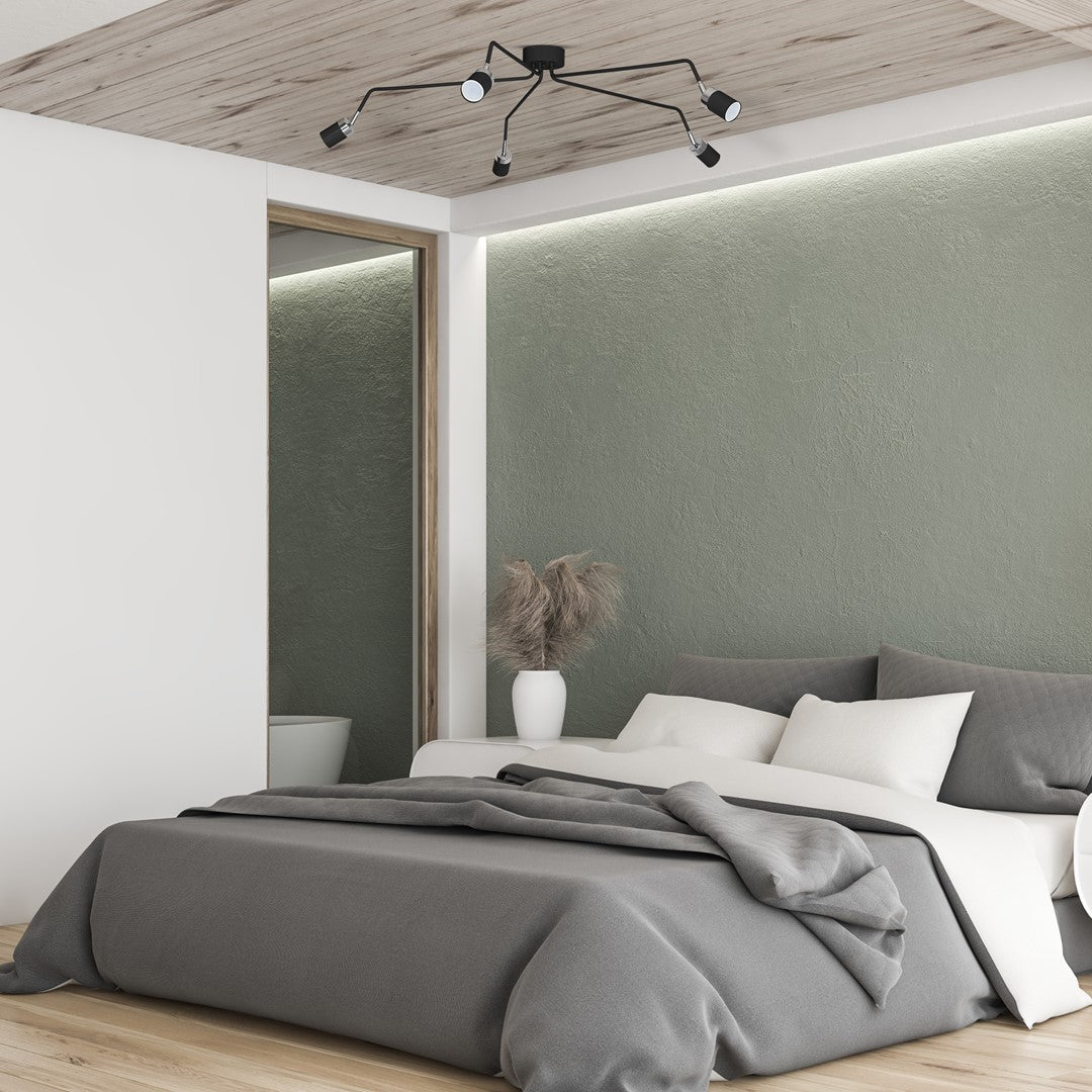 Joker Hand Made Ceiling Lamp In Matt Black With Striking Chrome Detail Featuring 5 Minmalistic Slender Cylinder Shades