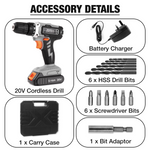 20v Cordless Drill & Drill Bit Set 20v 1 Hr Fast Charge Battery & Charger Included | 13 Piece Kit – 1x Battery + Charger + Carry Case | Grey