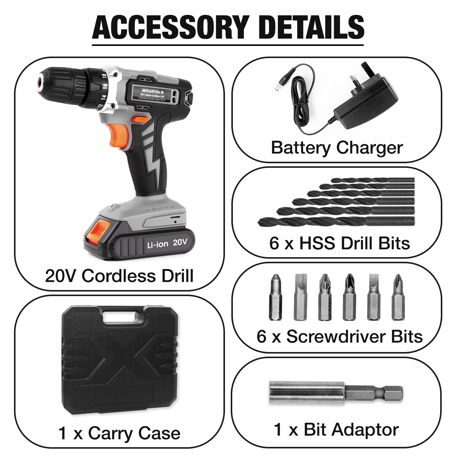 20v Cordless Drill & Drill Bit Set 20v 1 Hr Fast Charge Battery & Charger Included | 13 Piece Kit – 1x Battery + Charger + Carry Case | Grey