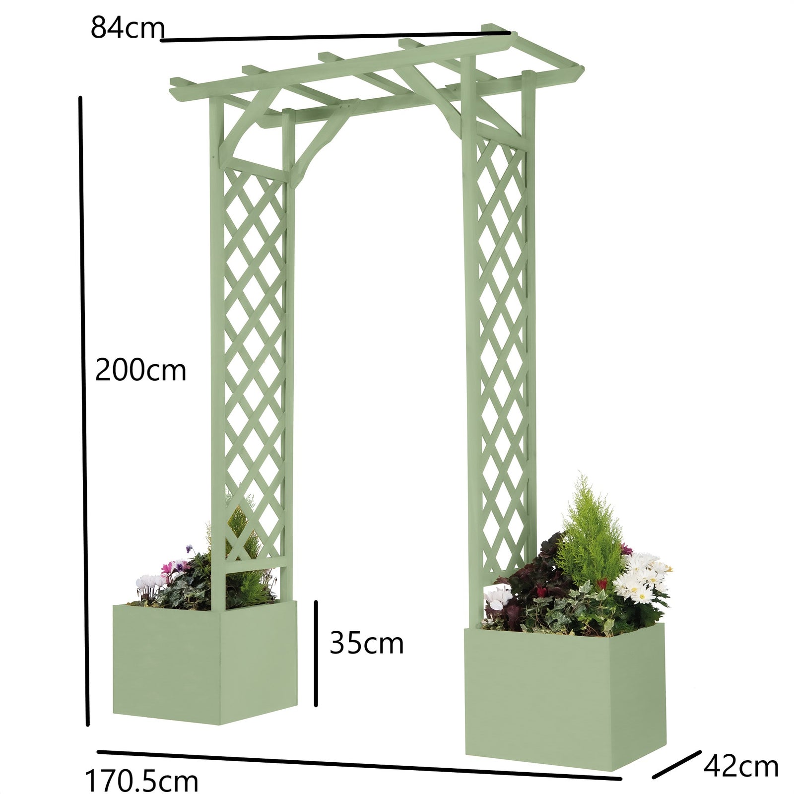 Wooden Garden Arch With Planters Sage Green Finish