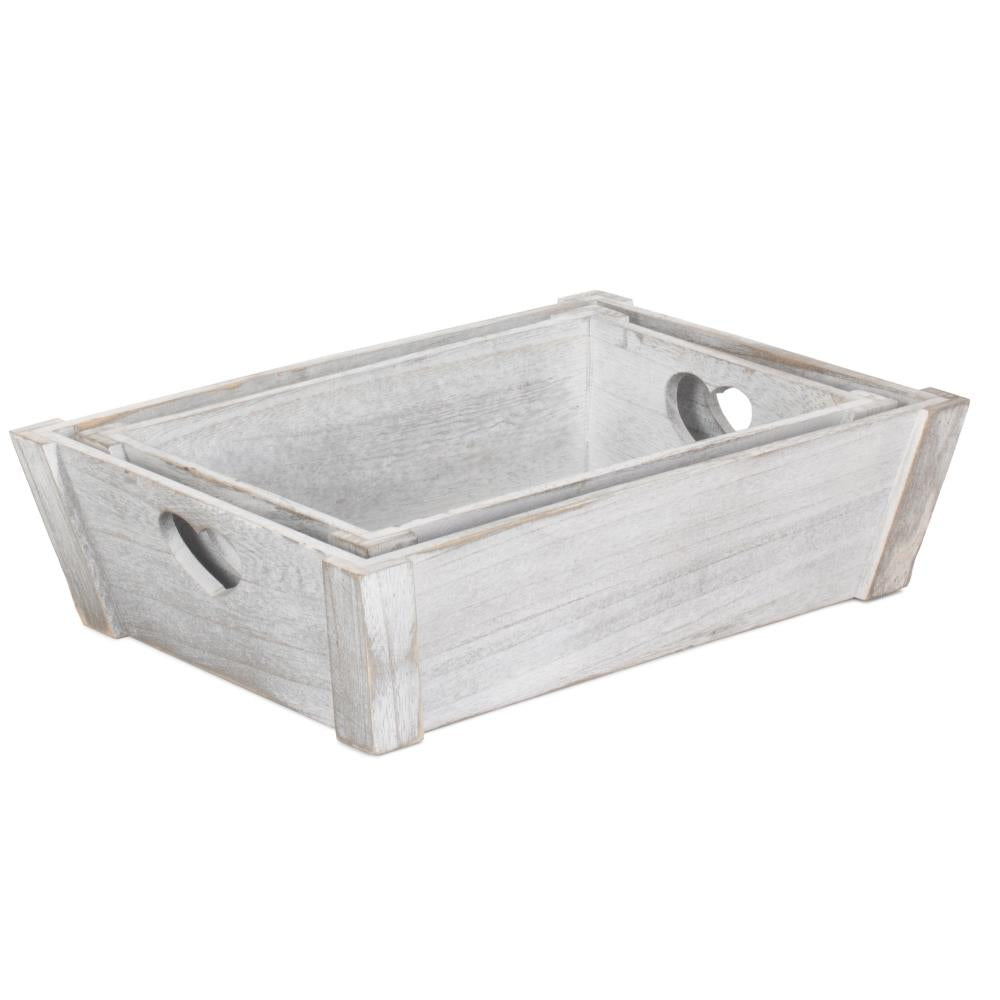 Vintage Heart Cut Handle Wooden Tray | Set-of-2 | Gray
