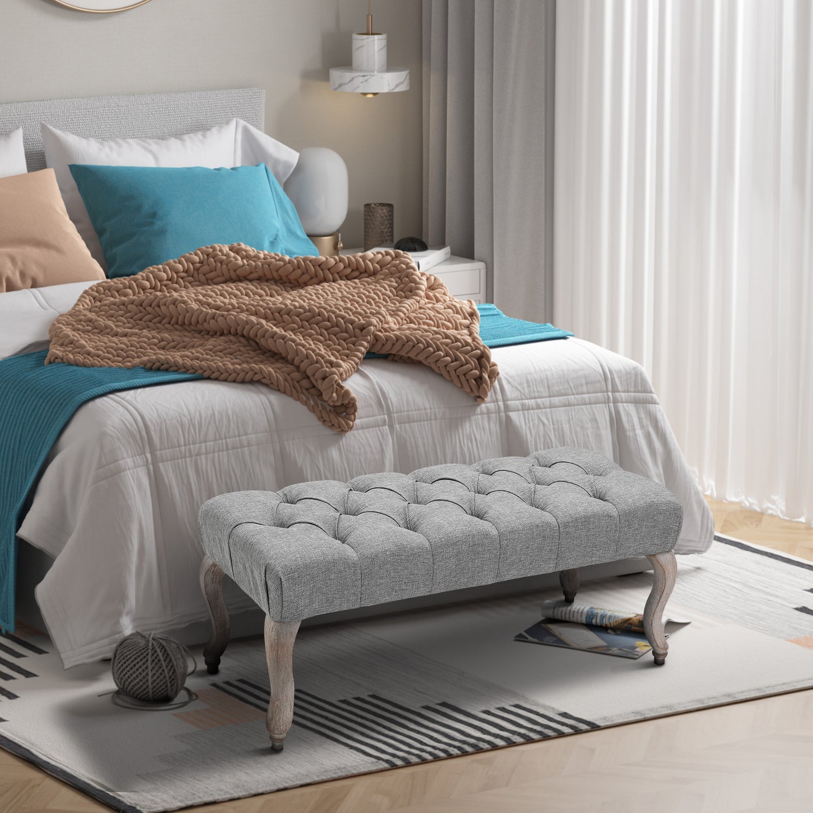 Tufted Upholstered Accent Bench Window Seat Fabric Ottoman