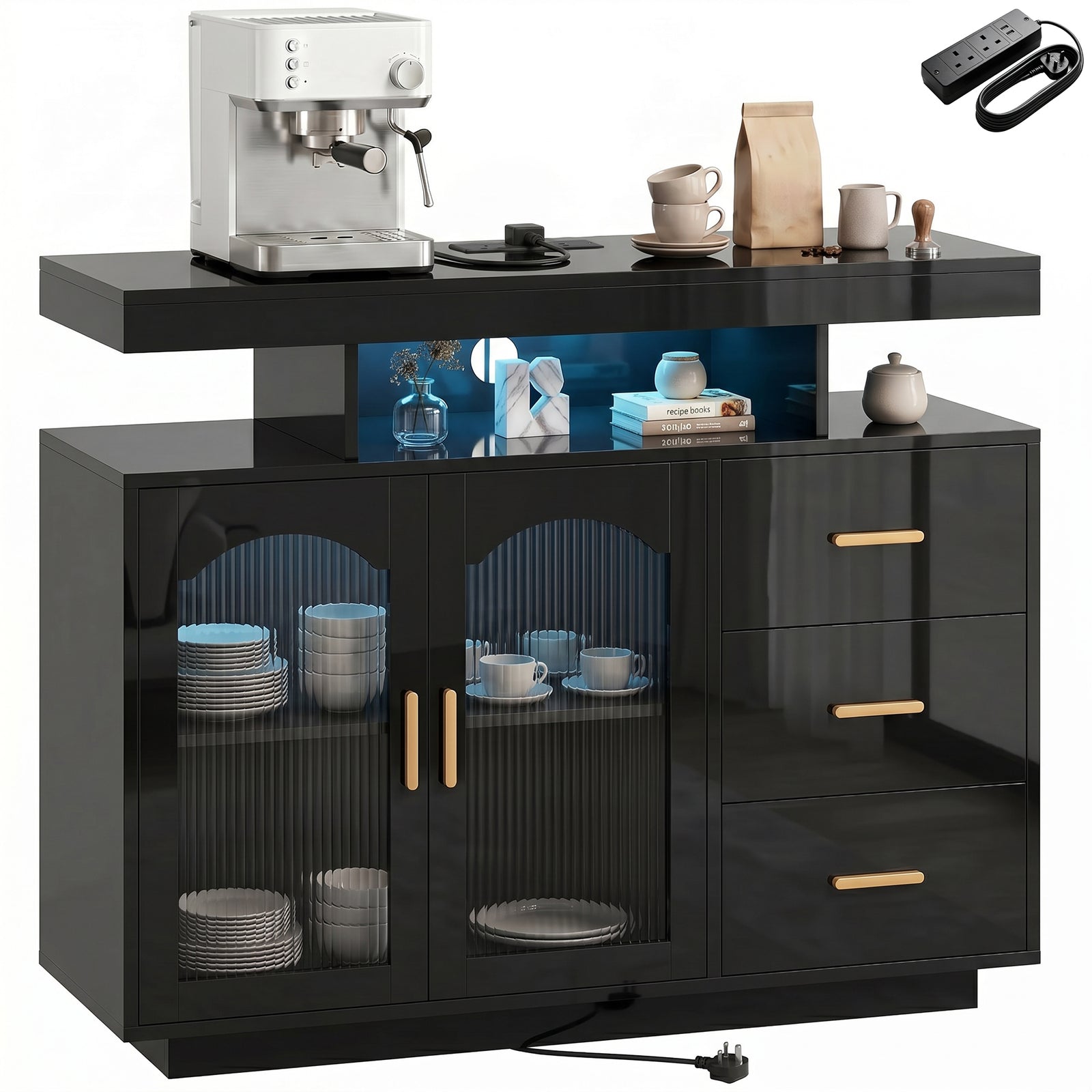 High Gloss Sideboard With Led Lights, Power Outlets, Drawers | Black