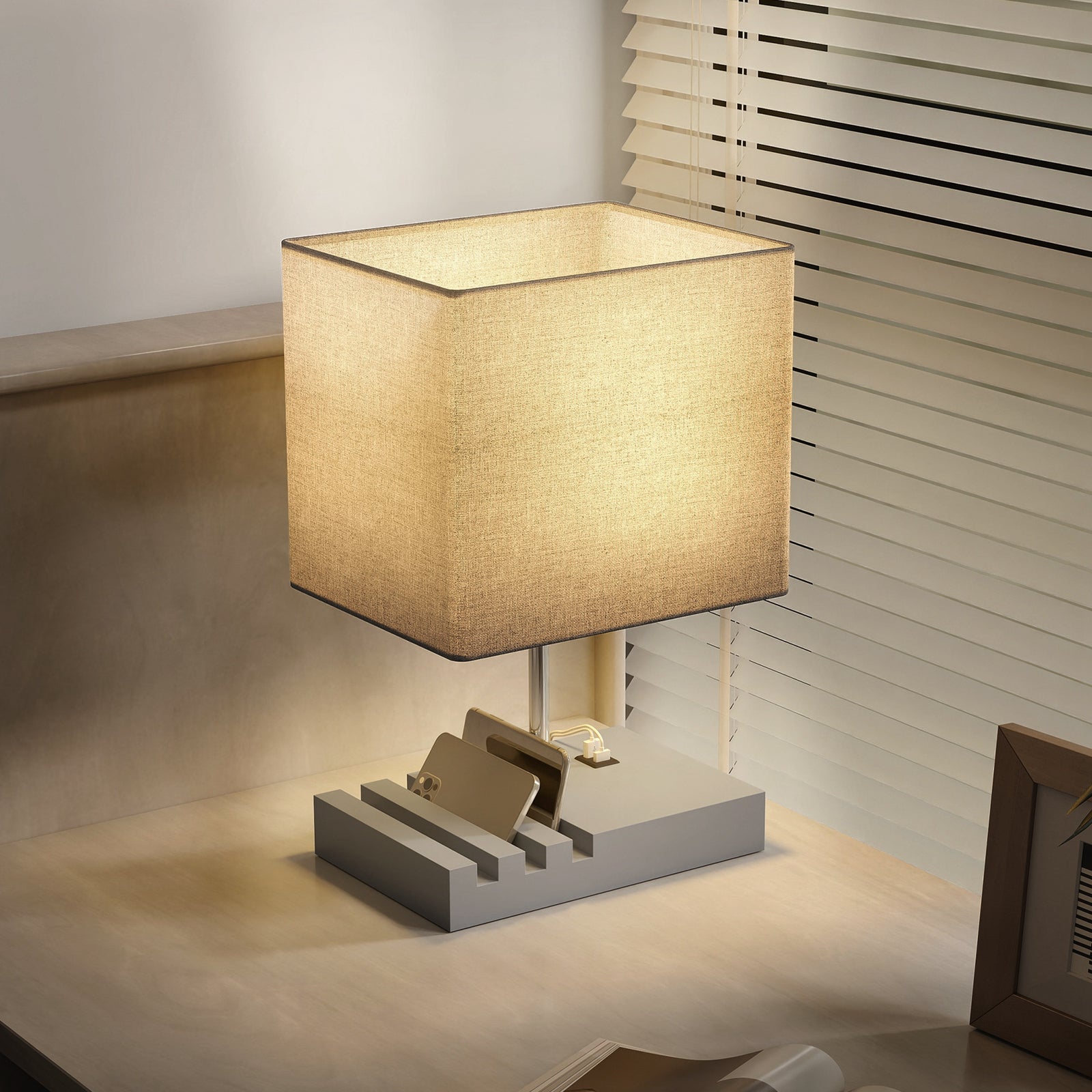Table Lamp With 3 Slots, Bedside Lamp With Solid Wood Base | Grey