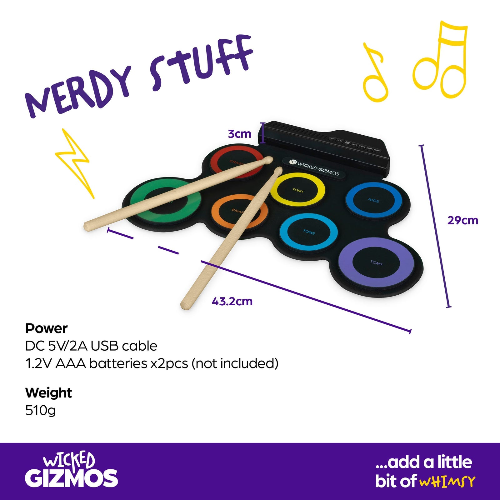 Wicked Gizmos Electronic Drum Kit Roll Up Mat W/ Demo Songs & Sticks Multicolour