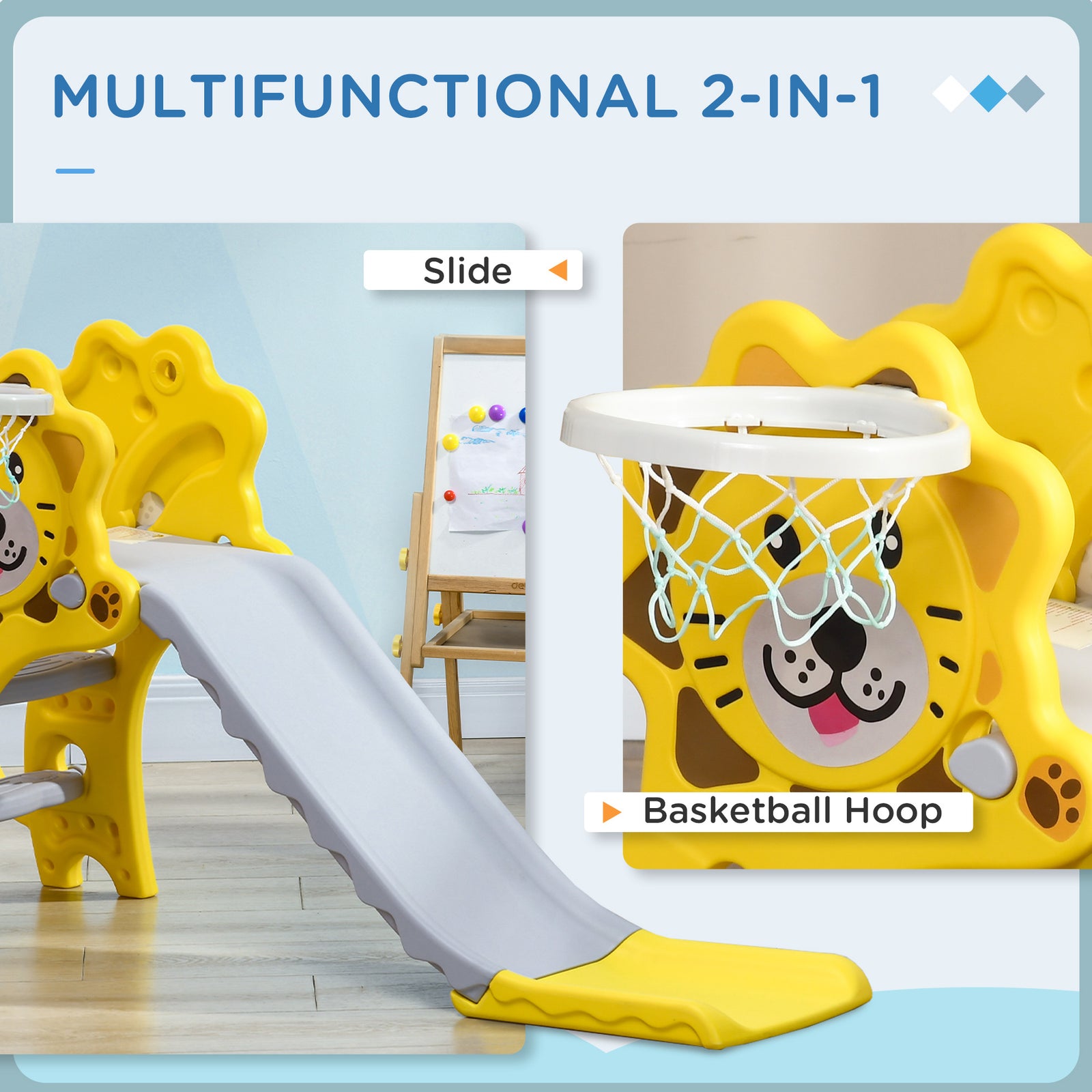 2 In 1 Kids Slide For Indoor Use With Basketball Hoop For 18-36 Months | Yellow
