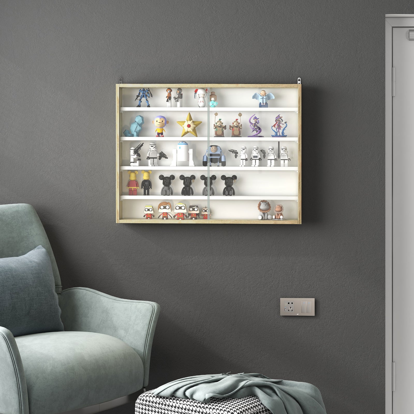 5-tier Wall Display Shelf Unit Cabinet Shelves Glass Doors | One Size | Natura